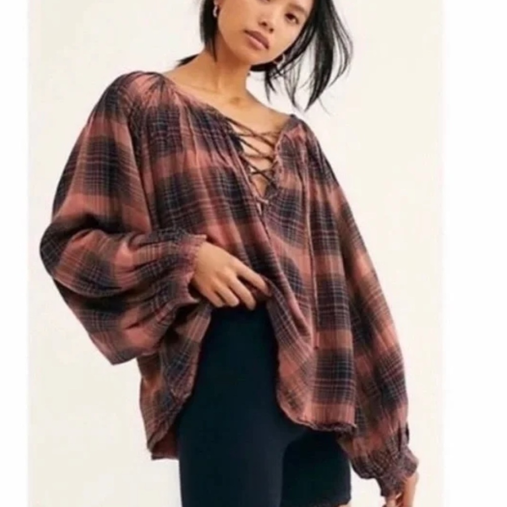 Free People We the Free Peasant Top Plaid Balloon Long Sleeve Tie Front SZ S EUC